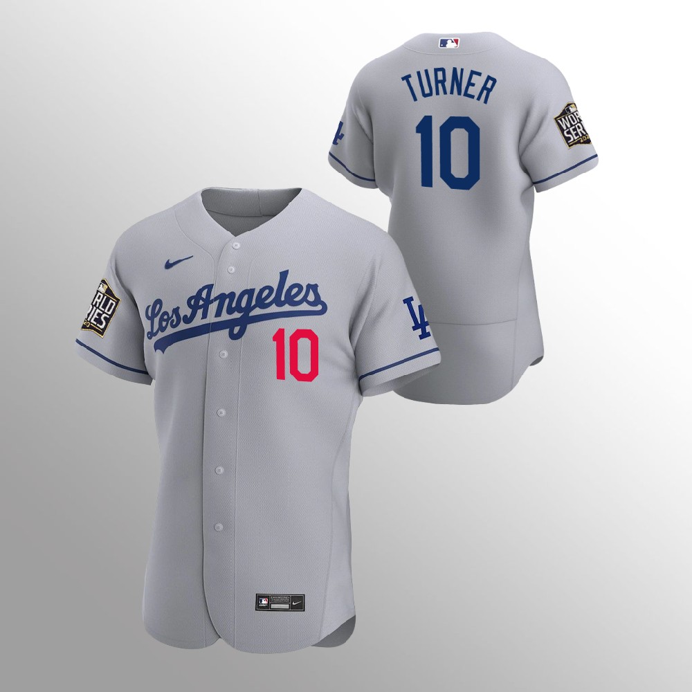 Men's Los Angeles Dodgers #10 Justin Turner Grey 2020 World Series Bound stitched Jersey